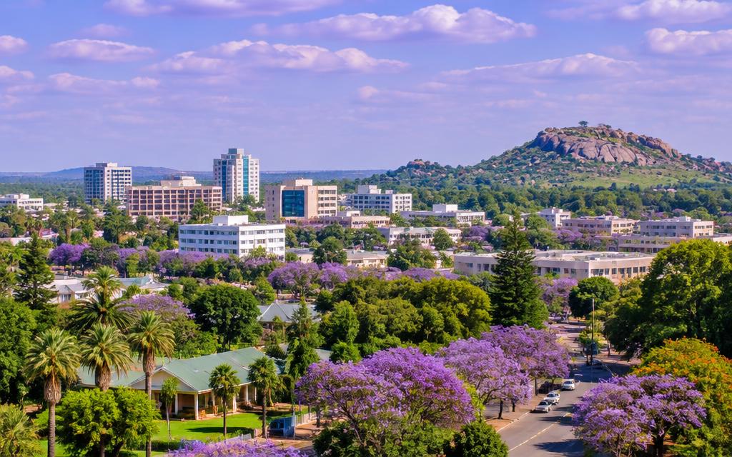 Harare cityscape with flowering trees and a granite kopje