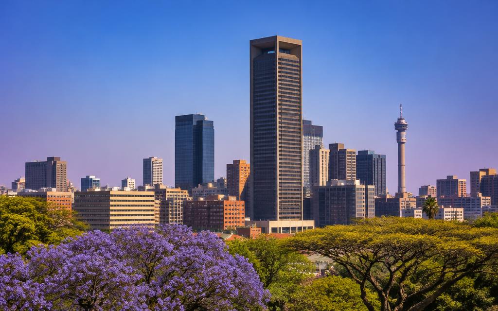 Johannesburg skyline framed by jacaranda trees