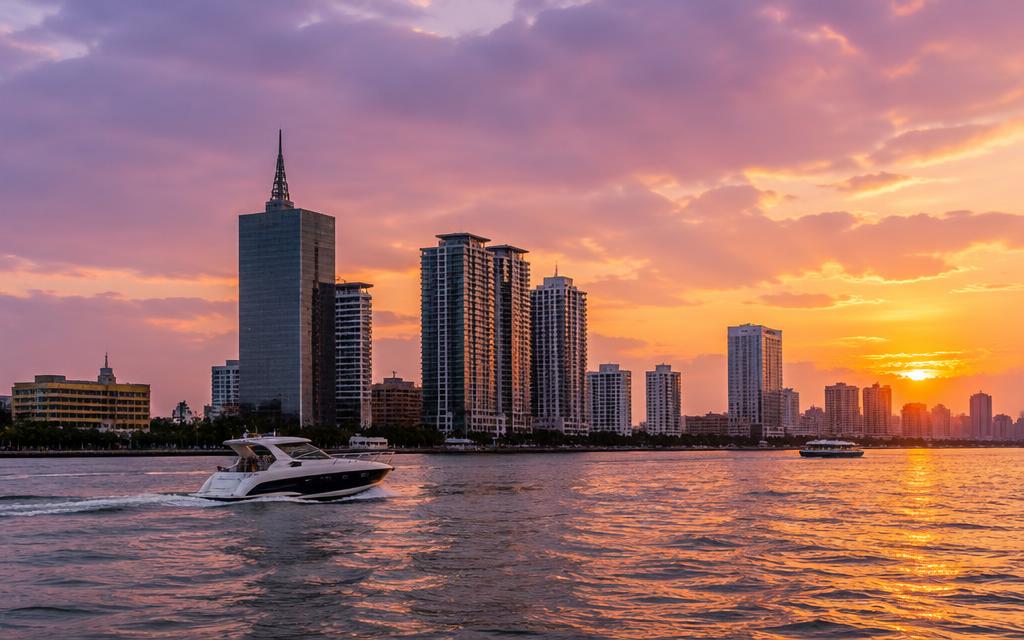 Lagos skyline across the lagoon at sunset
